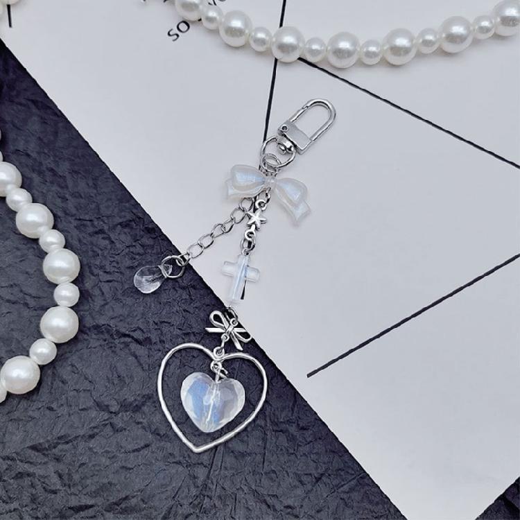 DIY Crystal Heart Phone Strap with Cute Bowknot Wing Heart Phone Strap Keychain