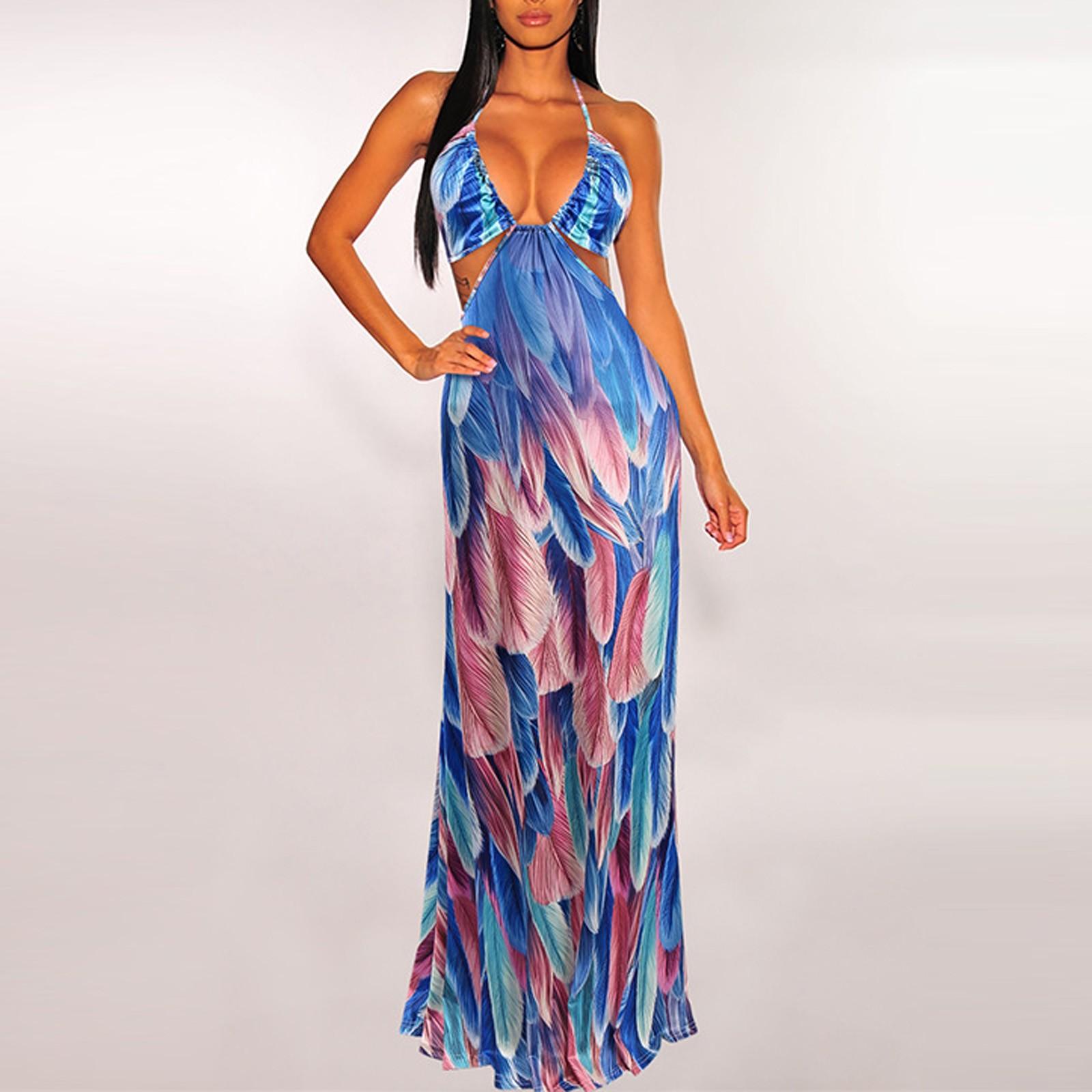 

(SU)Women s Casual Fashion Sexy V-neck High Waist Printed Camisole Dress
