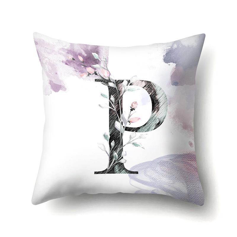 Polyester Pillowcase Home Watercolor Flower Print Pillowcase 26 English Letters Bedside Cushion Cover