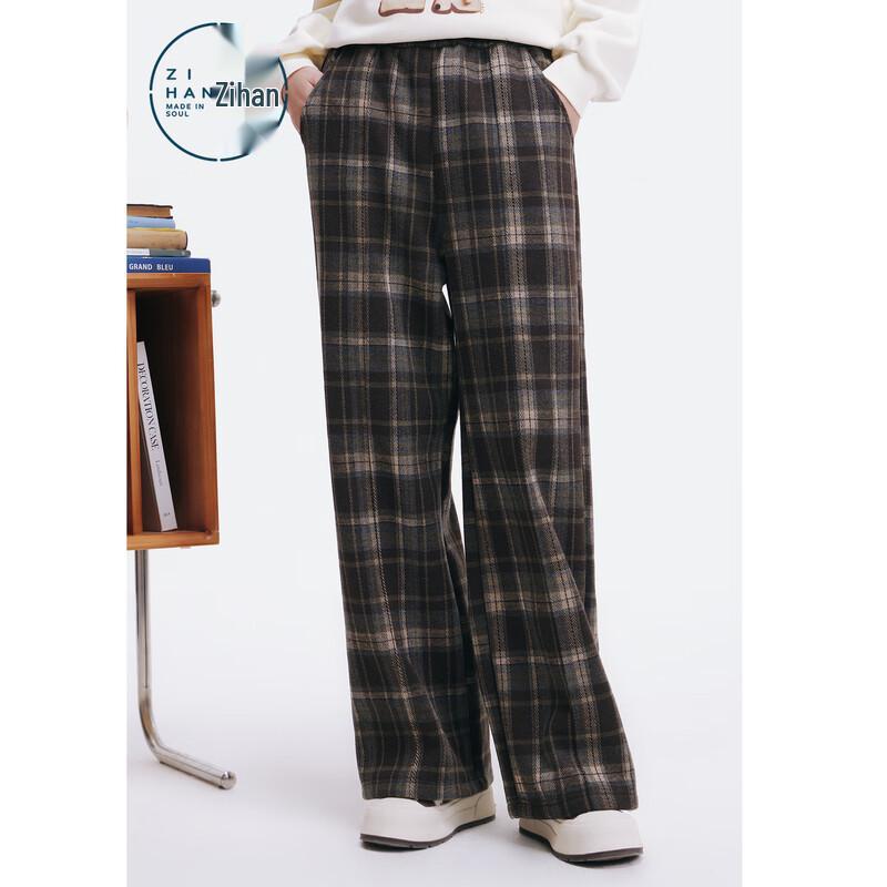 ZIHAN Women's Retro Coffee Plaid Wide-Leg Pants