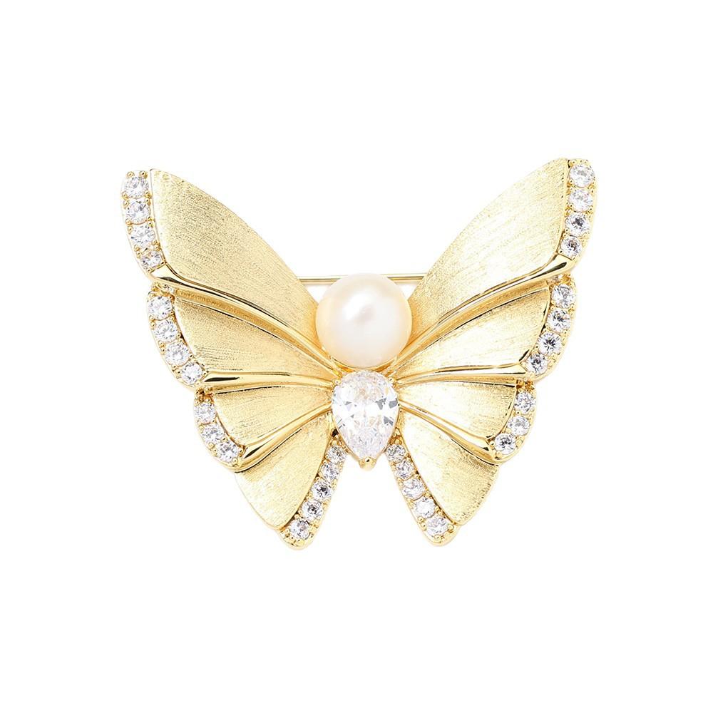 New high-end golden brushed matte butterfly brooch exquisite stone-encrusted natural freshwater pearl insect pin female