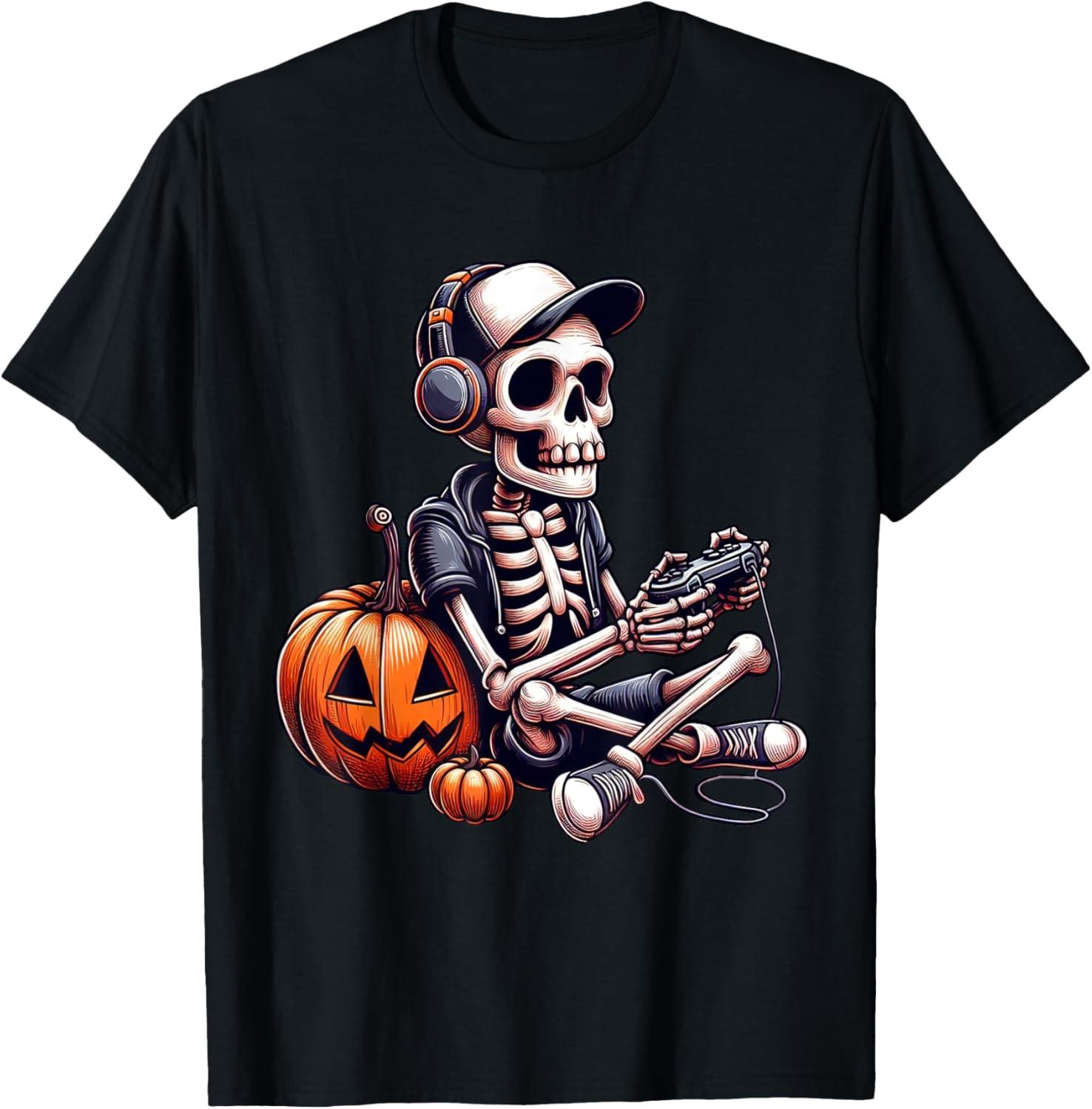 Funny Skeleton Playing Video Game Halloween Shirt Boys Gamer T-Shirt S разноцветный