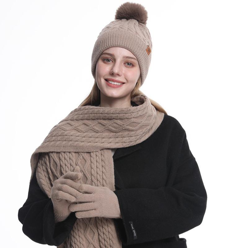 Hat Scarf Gloves Three Piece Set Winter Outdoor Velvet Warm Ear Protection Knitted Hat
