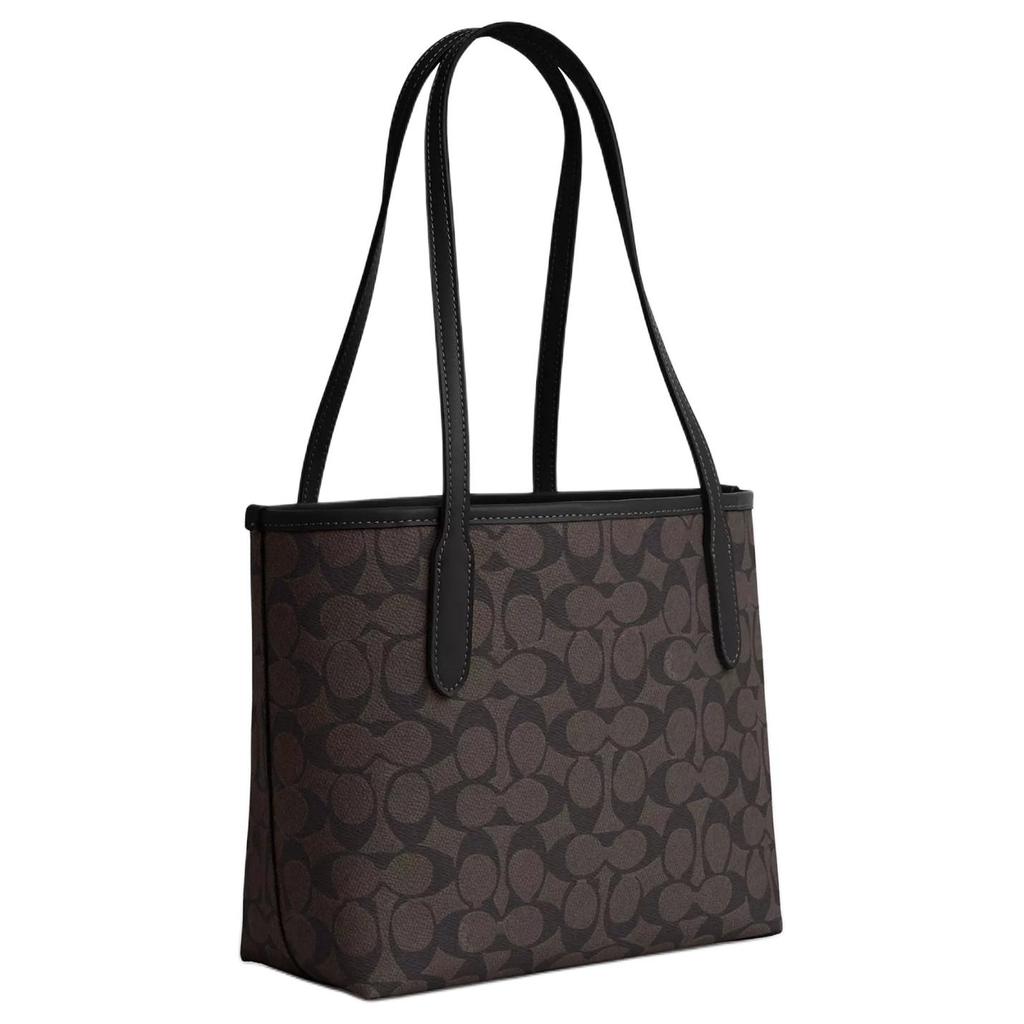 Coach Bolso Tote City 23 Classic Monogram con Logo Metálico Bolso de Compras Bolso de Hombro de Mano Mediano para Mujer Negro Nogal CU759-IMXAQ