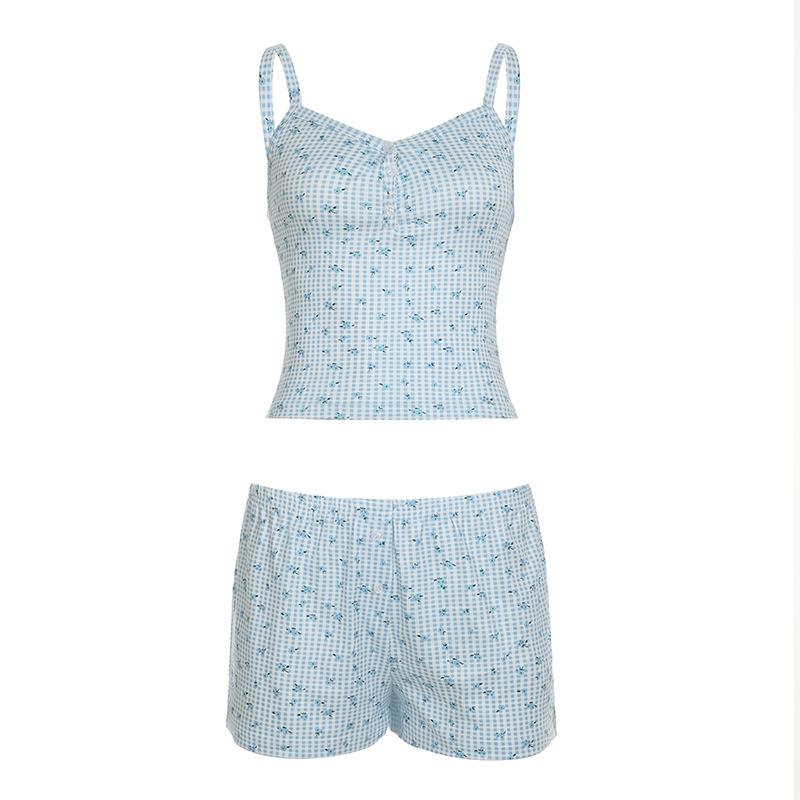 

Женский цветочный клетчатый топ с застежкой на полпуговицы, кружевной топ с V-образным вырезом, эластичный, с низкой талией, свободные повседневные шорты, домашний комплект L синий