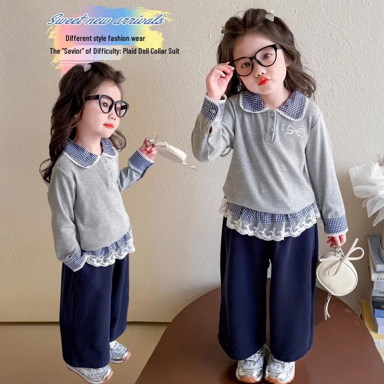 Meng Tang Tang Spring Girls' Color Block Bib Pants & Sweatshirt Set - Baby Korean Style Two-Piece.