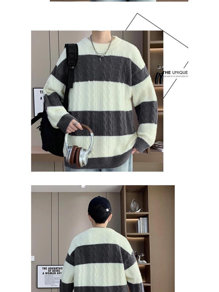 Men's Trendy Striped Cable Knit Sweater - Autumn/Winter 2025 Loose Warm Woolen Base Layer.