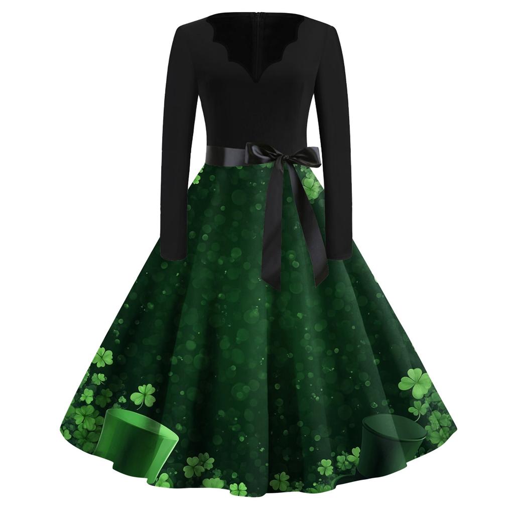 Women's Fashion V-neck Casual Slim St. Patrick Print Long-sleeved Dress