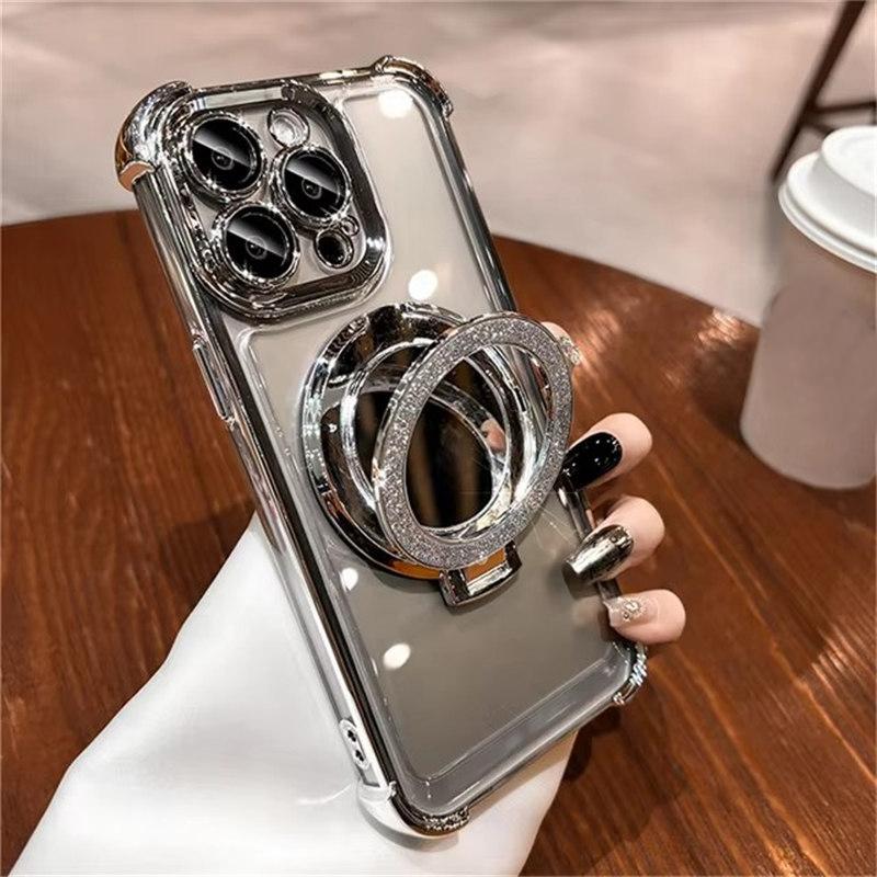 Luxury Glitter Makeup Mirror For Magsafe Magnetic Bracket Case For iPhone 16 15 12 13 11 14 Pro Max Plus XS Plating Holder Cover