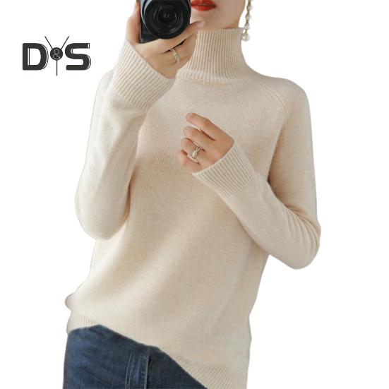 Women Sweater High Collar Long Sleeve Ribbed Trim Knitting Tops Solid Color Loose Fit Thickened Bottoming Tops