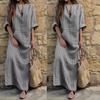 Vintage Stripe Print V-Neck Long Sleeve Women Loose Cotton Linen Maxi Dress
