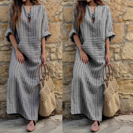 Vintage Stripe Print V-Neck Long Sleeve Women Loose Cotton Linen Maxi Dress