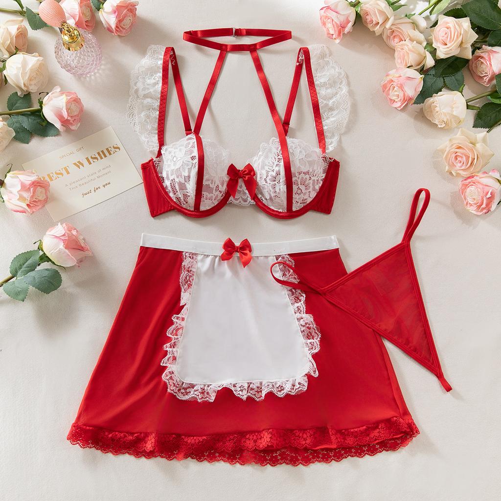 Sexy Perspective Lingerie Bow Neck Lace Contrasting Bra Set Cosplay Maid Outfit