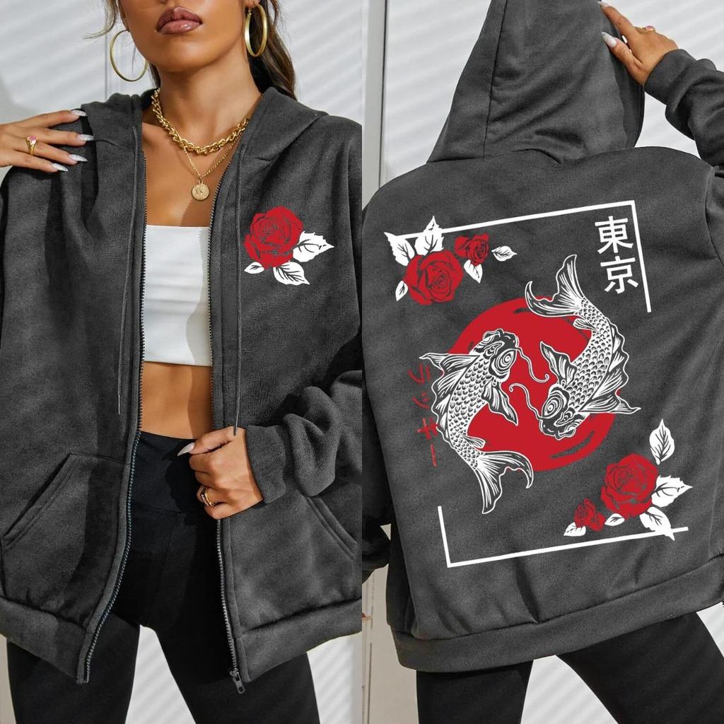 Tokyo Koi Fish Rose Harajuku Pattern Women Hoodie Street Oversize Hoodies Zipper Fleece Hoody Soft Woman Clothing