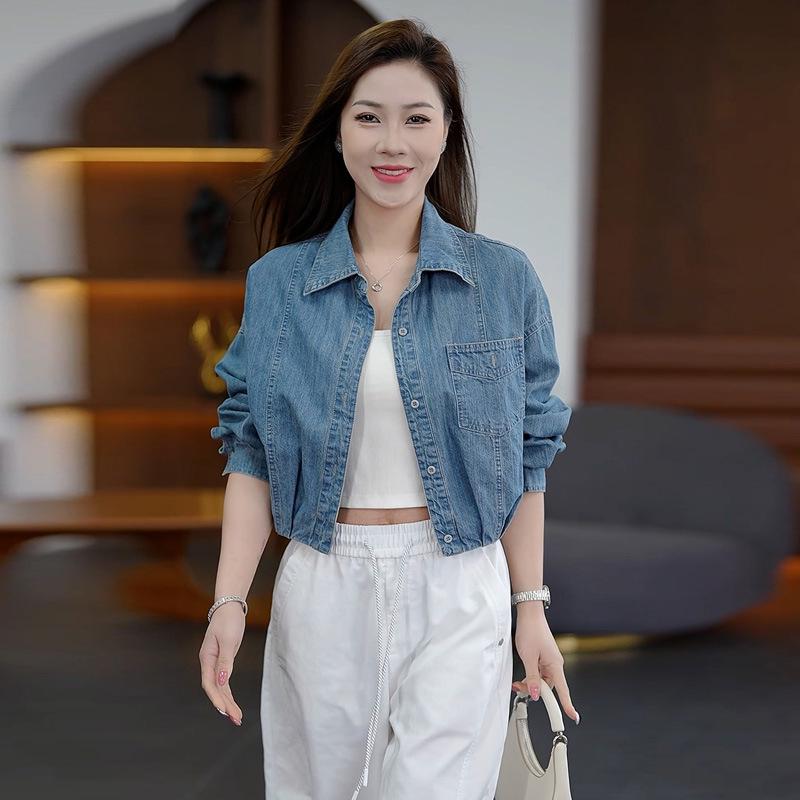 

Women s Lightweight Denim Lapel Short Jacket - Loose Fit, Single-Breasted, Long Sleeves, Perfect for Petite Spring Style XL синій