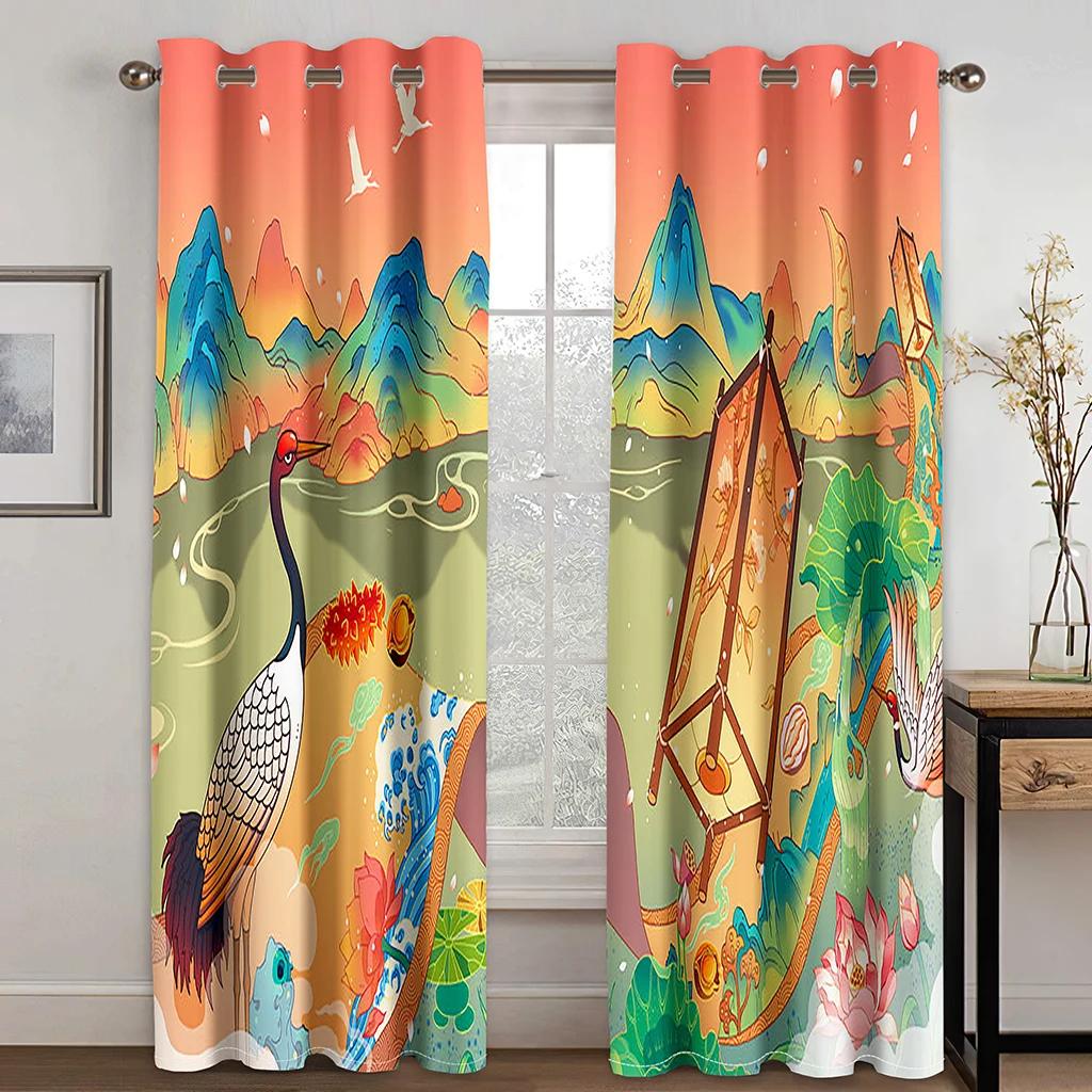 Red Blue Japanese Style Crane Wave Mountain Sun Print High Shading Curtain Bedroom Living Room Hotel Window Curtain 2Panels New