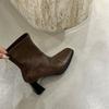 Soft leather brown round head short boots women's high heel thick heel rear zipper 2025 new winter Korean version elastic thin boots