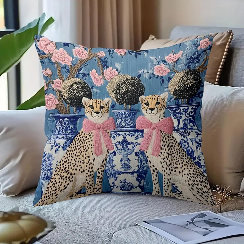2D Flach- # Vintage Gepard Schleife Dekorativer Kissenbezug Chinoiserie Floral Blau und Weiß Porzellan Kissenhülle
