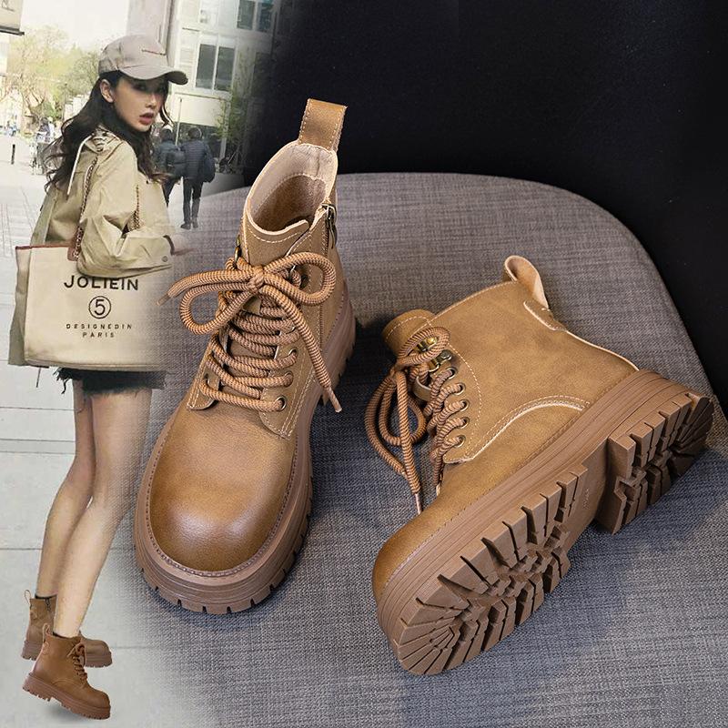 Retro Martin boots women's autumn and winter rhubarb boots thick-soled heightening leather tooling short boots
