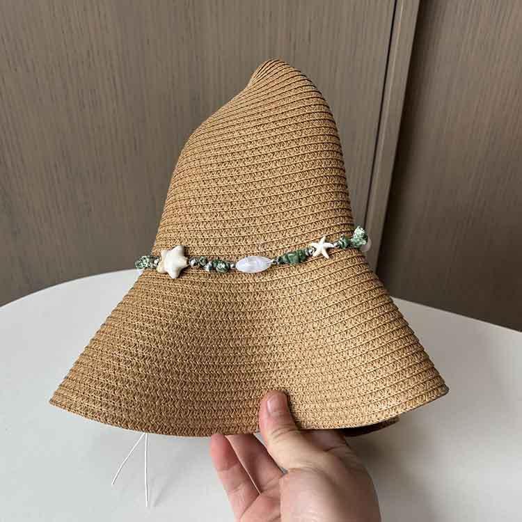Summer Dome Big Brim Straw Hat Women's Pearl Braided Lace-Up Sunshade Sunscreen Hat Straw Vacation Big Brim Sun Hat