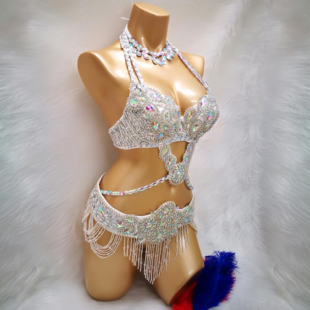 Hot Sale Women's Beaded Crystal Belly Dance Costume Wear Bra+Belt+Necklace 3pc Set Sexy Bellydancing Costumes Clothes