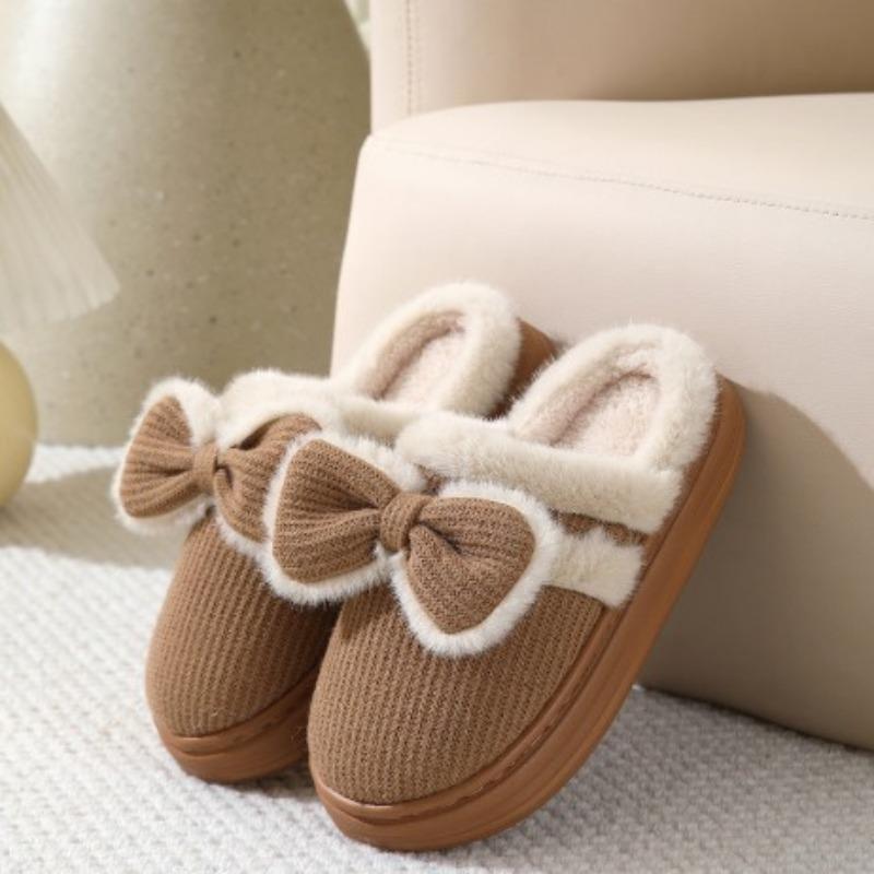 Autumn and Winter Step On Non-slip Cotton Indoor Bow Shit Outer Wear Home Cotton Couple Slippers Women's Plush Non-slip Warm