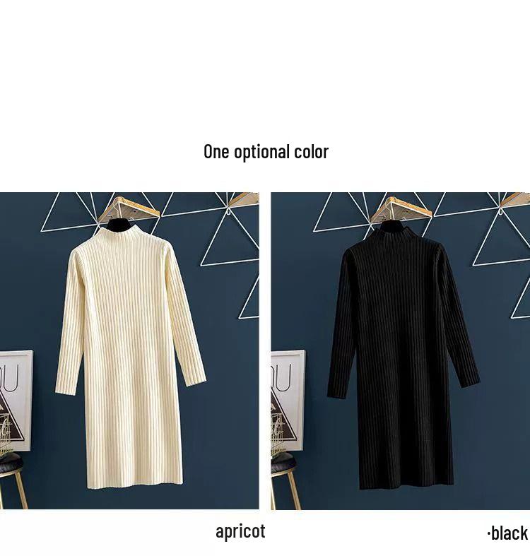 Plus-Size Women's Thickened Winter Long Knitted Wool Dress with Half-High Collar