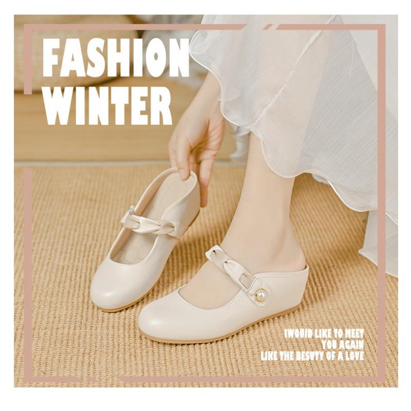 Women's Wedge Slippers Summer High Heel Mules Mary Jane Shoes Near Round Toe Slippers Beige Size Fashionable Luxurious New