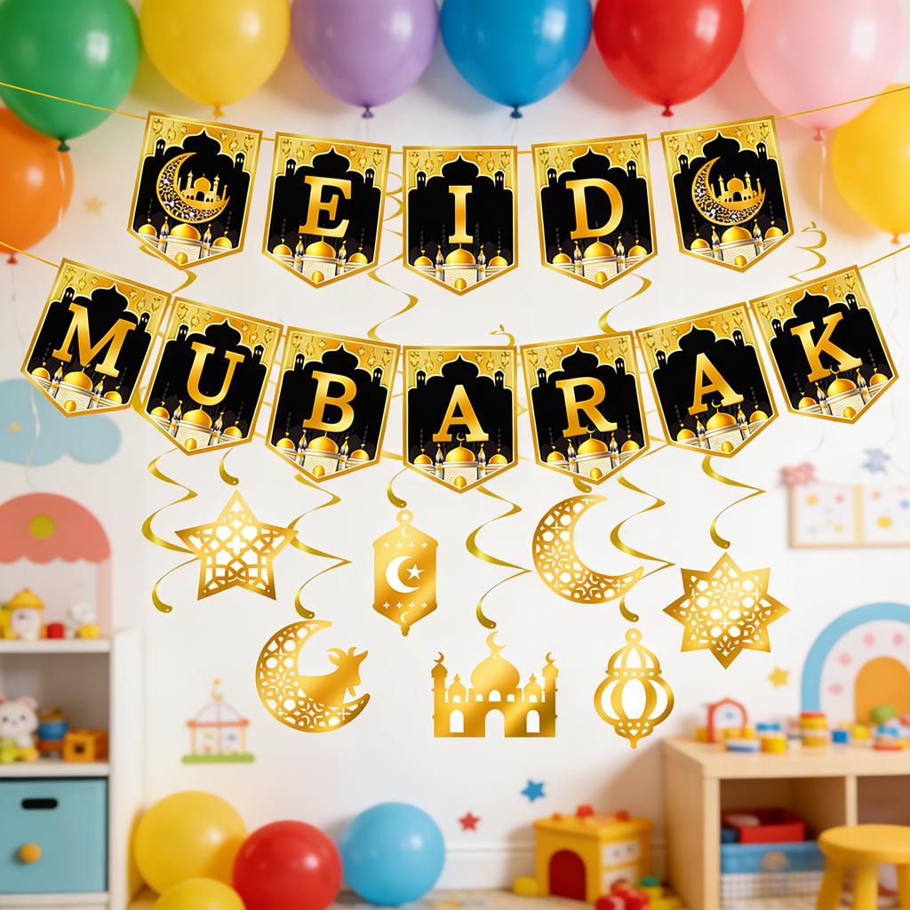 Ramadan Mubarak Banner Bunting Garland With Eid Lantern Moon Castle Sign For Islamic Festival Wall Hanging Party Decor