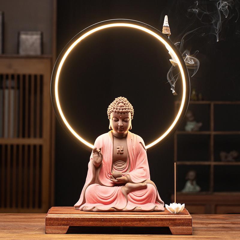 Chinese-style Buddha statue lamp ring decoration, ceramic Sakyamuni, creative entrance hall and Zen-inspired decoration for livi
