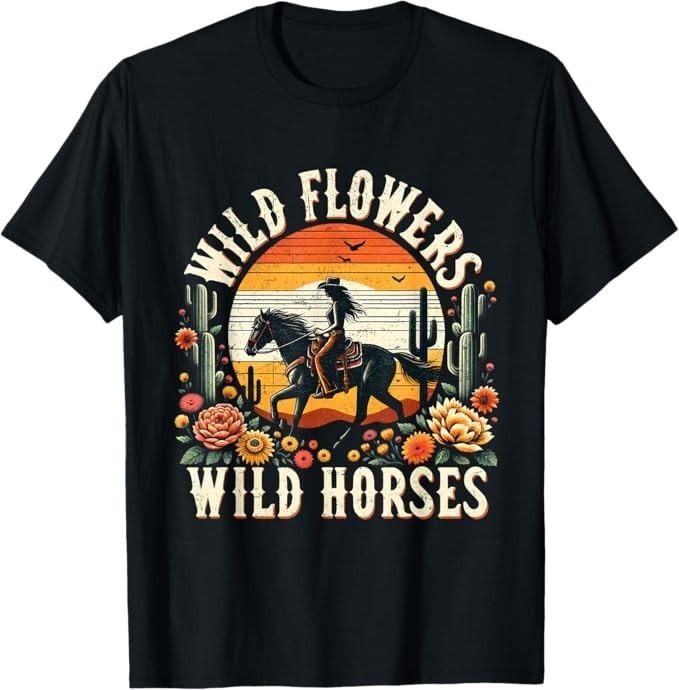 Sunset Cowgirl Riding Horse Wild Flowers - Wild Horses T-Shirt Unisex T-Shirt S