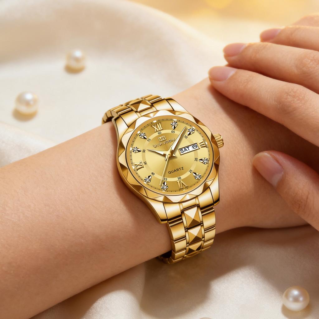 VA VA VOOM Quartz Watch Men Top Brand High Quality Stainless Steel 30M Waterproof Luminous Date Week Sports Business Wristwatches Women Quartz Watch