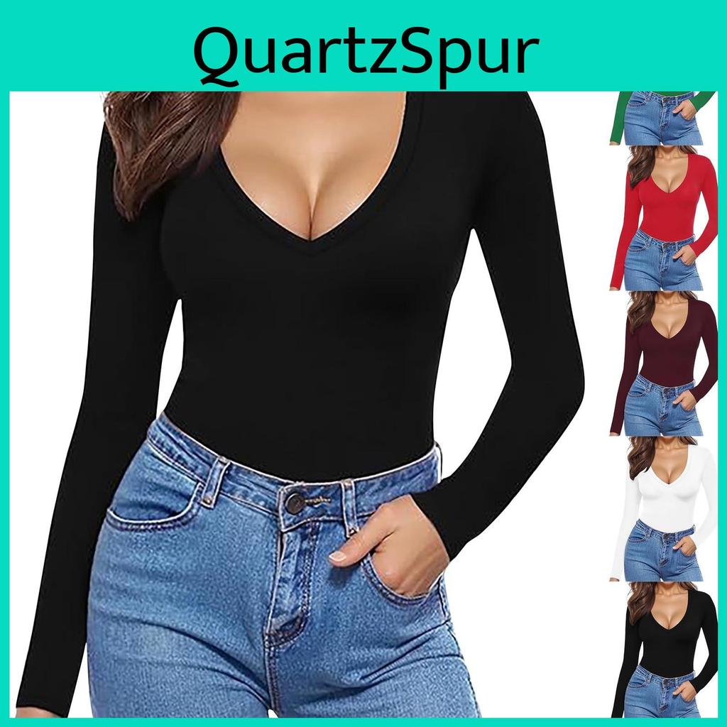 Deep Casual Womens Fashion Vneck Long Sleeve Slim Solid Color Tshirt Top