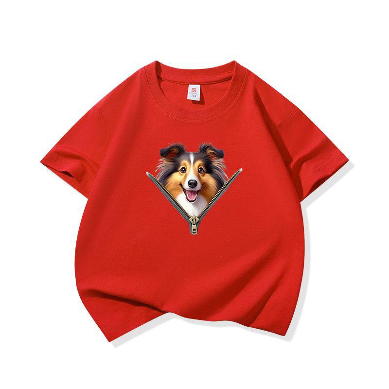 Kids Cotton T Shirt Lovely Sheepdog Zipper Print Crew Neck Short Sleeve Tee Casual Breathable Boys Girls Summer Tops
