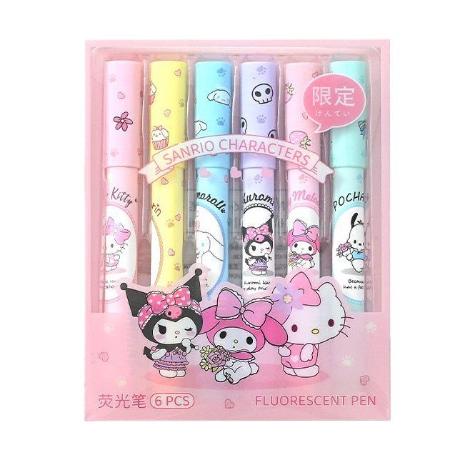 

6Pcs/Set Highlighter Set Kuromi Pastel Colors Fluorescent Marker Pen Cute Plush Tip Highlighters For Student School Workspace Supply