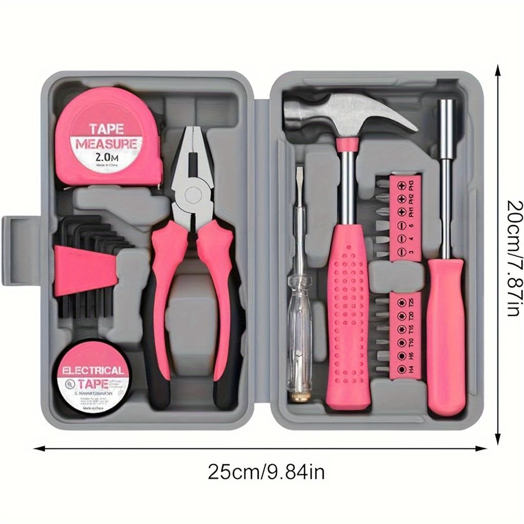 Tool Set 24pcs Pink Household DIY Tool Kit for Women. Small Mini Tool Box Set of Starter Basic Ladies Tools