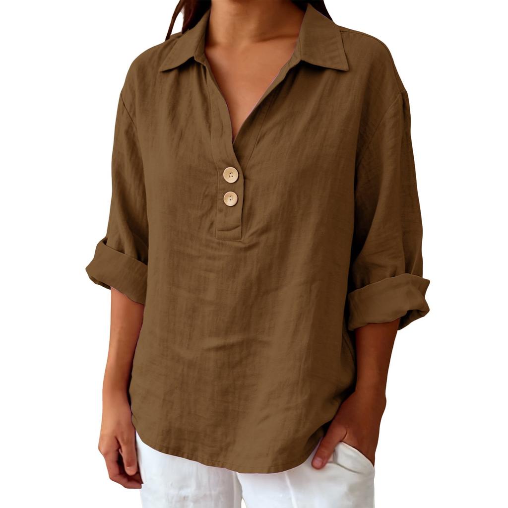 Women's Shirt Seven-Sleeve Lapel Cotton Linen Top Solided Color Casual Breathable Lapel Shirt