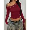 2026 Casual Diagonal Neck Long Sleeve Off The Shoulder Womens Blouse Spring Solid Color Crop Tops Streetwear T-shirt Slim Fit Short Shirt