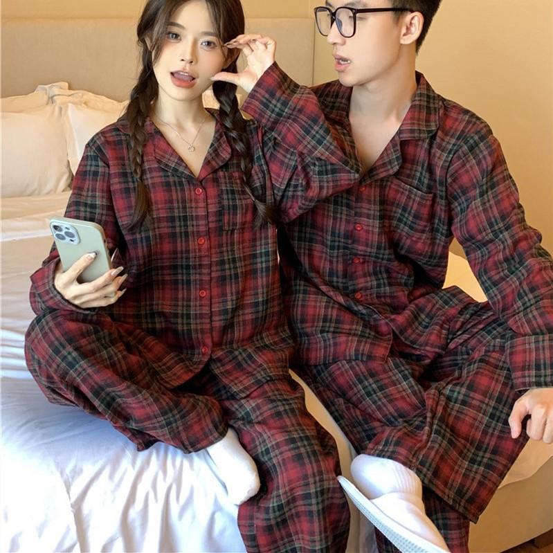 Korejský styl červený kostkovaný pyžamový set: Pohodlné, ležérní domácí oblečení pro páry