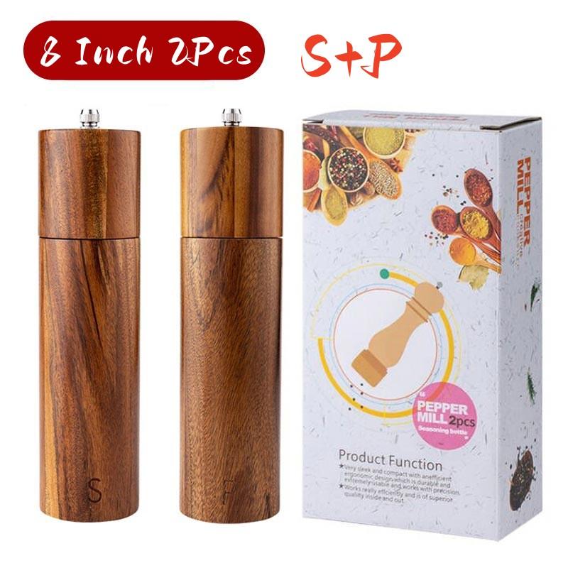Cylindrical Wooden Salt and Pepper Grinder Set,Refillable and Matching Spice Mill,Wood Tray,Tall 8Inch,Manual Pepper Shakers Set