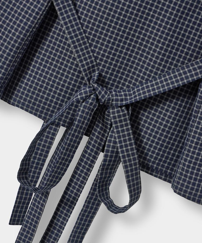 Yujen Soft Tie Button Blouse_Check Navy