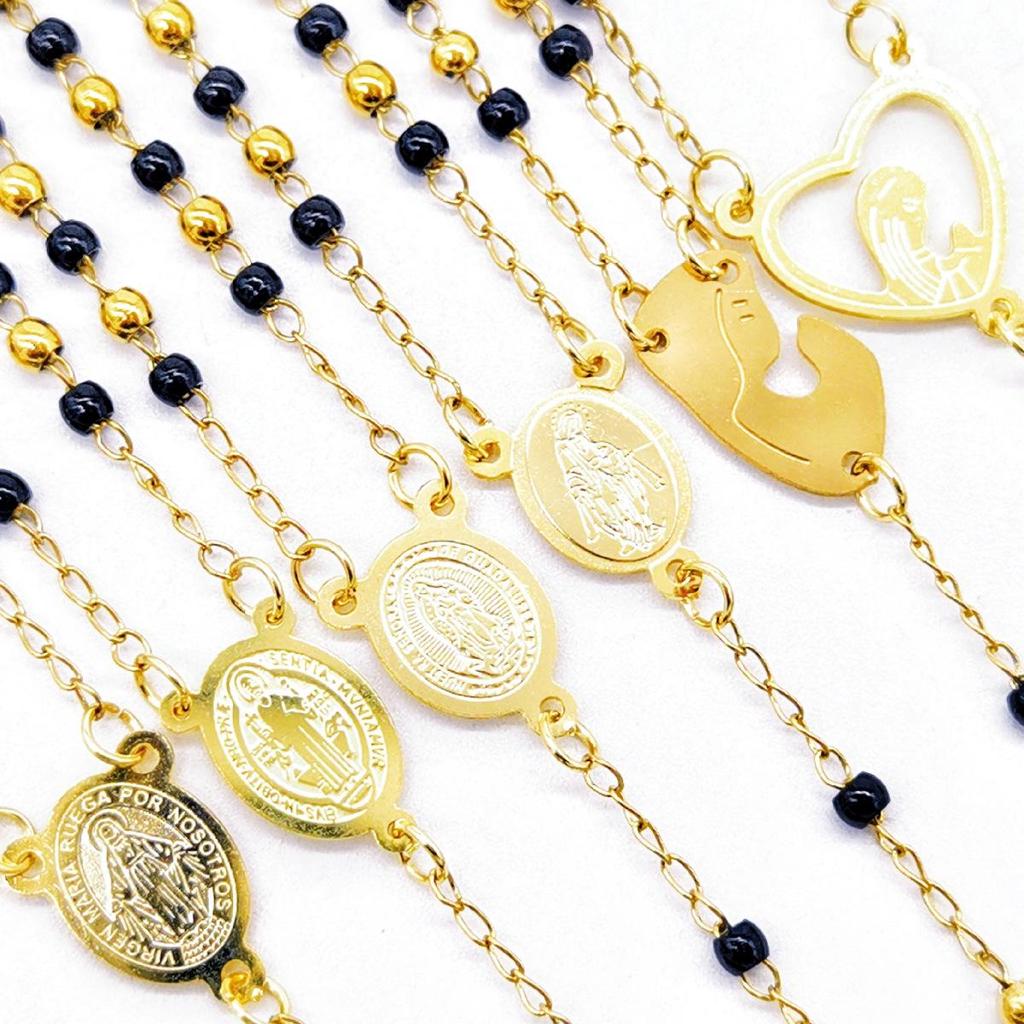 Schwarze Kreuzkette mit Goldakzenten, Multi-Accessoire - Edelstahl-Rundperlen-Schutzkette für Damen