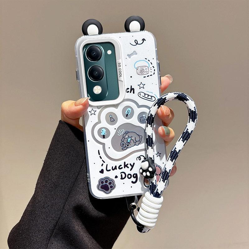 KEYSION Cute Ear Cartoon Case for VIVO Y04 Y04s with Lanyard Soft Silicone+PC Shockproof Phone Cover for VIVO Y29s Y29t 5G