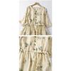 Five Quarter Sleeve Printed Waist Cinching Temperament Long Cotton and Linen Women's Dress