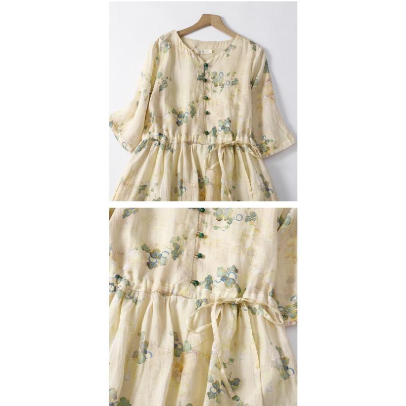 Five Quarter Sleeve Printed Waist Cinching Temperament Long Cotton and Linen Women's Dress