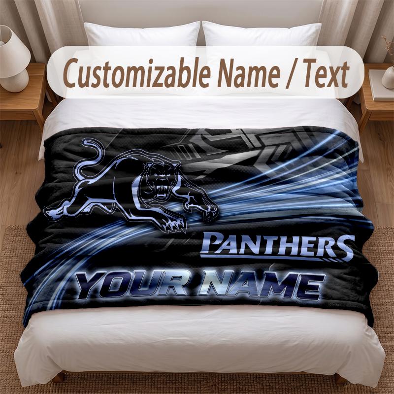 Penrith Panthers Printed Flannel Blanket Custom Name Text Soft Warm Throw For Bedroom Holiday Gift