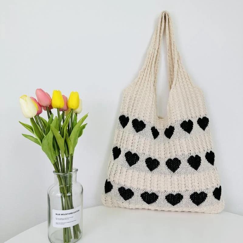

1 Pcs Simple Fashion Knitted Bag Personalized Western Style Shoulder Bagnts Knitted Love Tote Bag Small Fresh