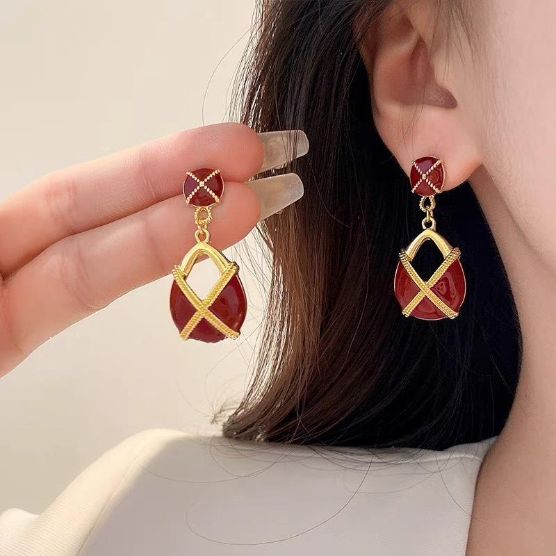 Fashion Atmospheric Red Velvet Bow Earrings Femininity Sweet Flower Long Fringed Versatile Earrings