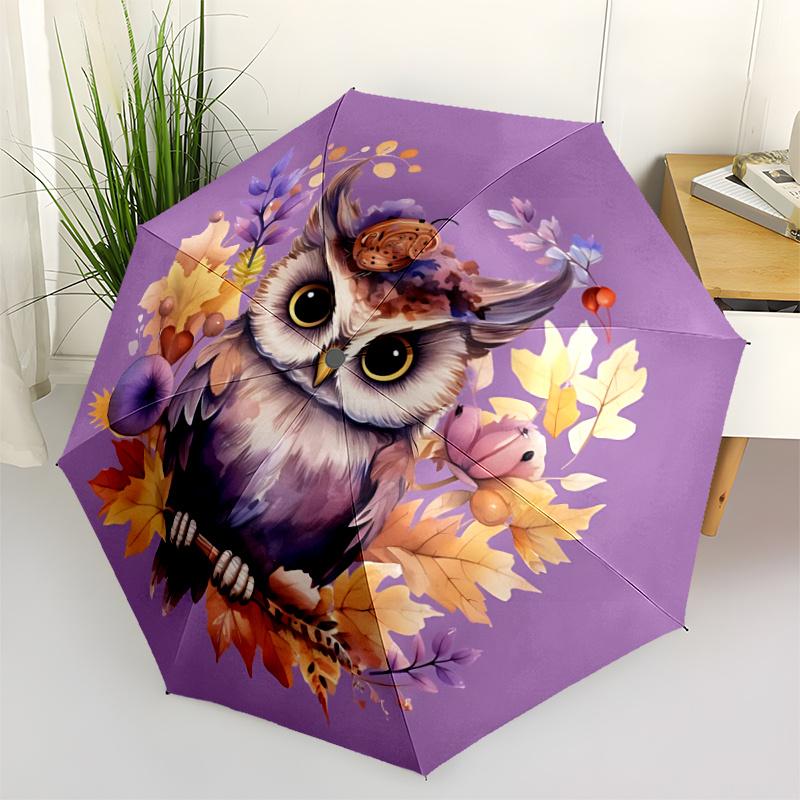 1pc Owl Autumn Automatic Open/close Umbrella, 8-Rib sturdy structure, Portable Travel Umbrella, Parties, Everyday Useb045