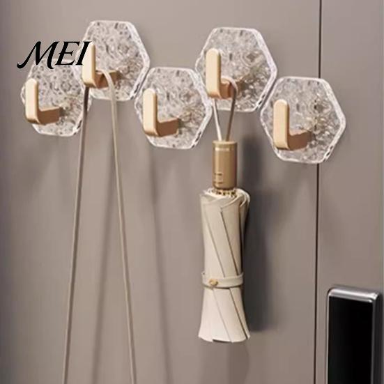 Wall Storage Hooks Acrylic Adhesive Hooks, Hexagonal Wave Shape, No Drilling Easy Transparent Installation Hook, Modern Style Clear for Bathroom